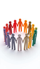 3D icon-style human figures in multiple colors forming a circle while holding hands on a white background. Represents unity, teamwork, inclusiveness, solidarity, and friendship. Ideal for social, educ