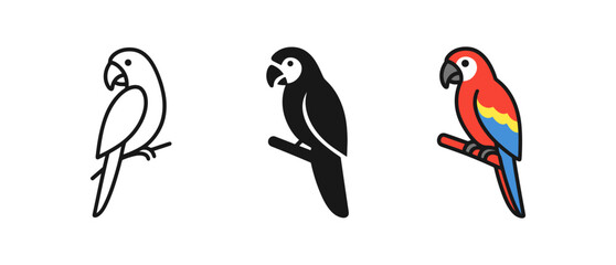 Parrot designs: outline, silhouette, and colorful versions