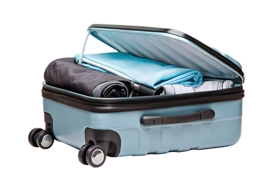 Light blue suitcase packed with clothing isolated on a transparent background luggage - Powered by Adobe
