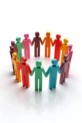 3D illustration of colorful human figures standing in a circle while holding hands on a white background. Concept of unity, teamwork, diversity, solidarity, inclusion, and collaboration. Perfect for t