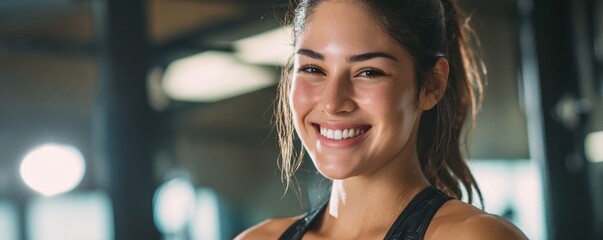 Portrait of woman smiling post workout in gym environment with room for overlay