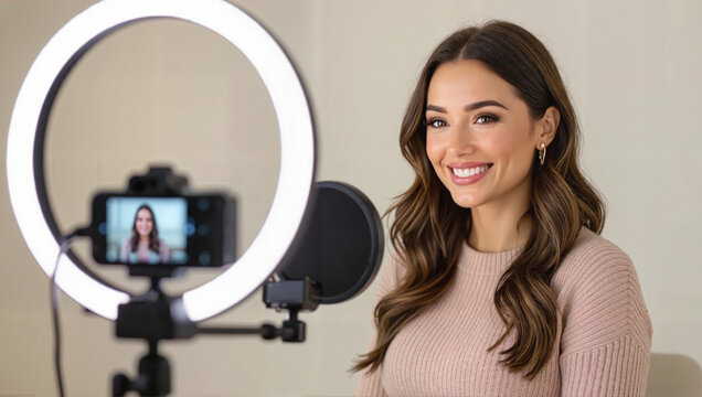 Smiling woman recording vlog with ring light