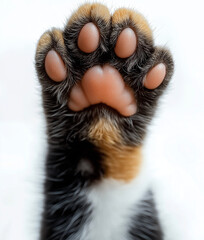 Close-up of cat paw raised, feline foot pads and fur details, adorable kitten gesture, domestic pet concept, animal texture and veterinary care background