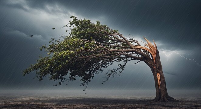 A dramatic image of a tree bending under strong winds during a heavy storm, with rain falling and lightning striking in the dark cloudy sky.
