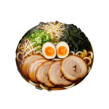 Steaming stamina udon with chashu, ramen egg, scallions, nori, bean sprouts in rustic charcoal bowl, isolated on transparent studio background. Concept of energizing japanese comfort food