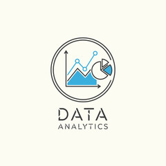 Data analytics logo with line art graph and pie chart inside a circle.