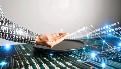 Hand over a circuit board with digital data