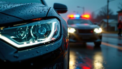 Obraz premium Close up dramatic framing of police car lights at a rainy christmas scene urban environment night view