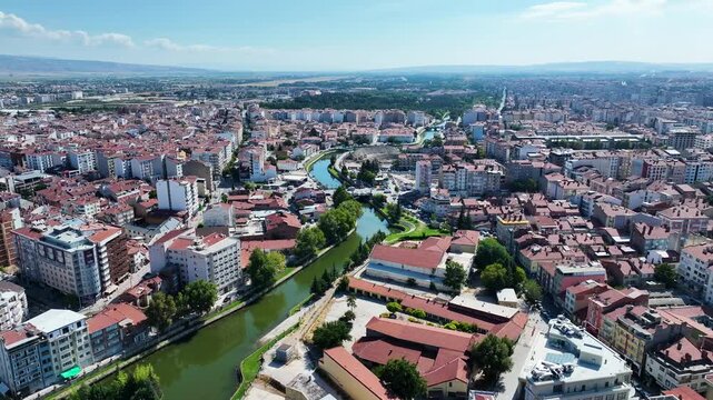 Drone footage of Eskisehir and porsuk stream - 4k view of Eskisehir