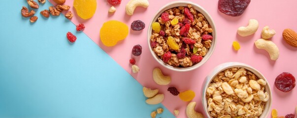 Flat lay of healthy snack�nuts, dried fruit, granola�on pastel background with copy area