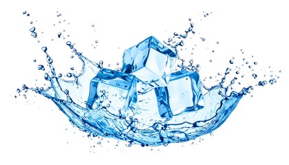 Three ice cubes splashing into water, creating a crown-like wave