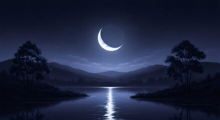 Fototapeta premium Crescent moon over serene lake creating silver path. Tranquil nighttime landscape with starry sky background. Natural calmness for relaxation concept.