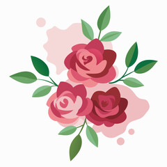 A watercolor painting features a cascade of deep red and pink roses with lush green leaves and delicate buds
