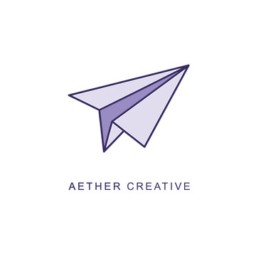 A minimalist purple and white paper airplane logo for Aether Creative.