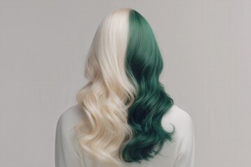 Fototapeta premium A stylishly styled head of hair, featuring a striking two-tone color palette of blonde and deep forest green, against a neutral backdrop.
