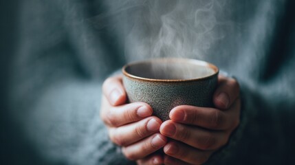 Close up of hands holding warm mug with steam rising against neutral background and room
