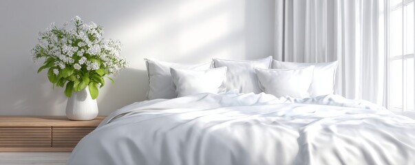 Peaceful bedroom scene with white linens, bedside plant, morning light and space for text