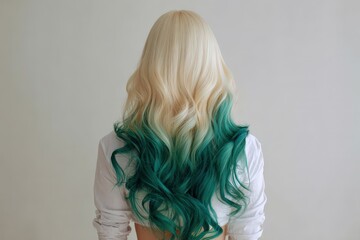 Naklejka premium A woman's back view showcases long, wavy hair with a striking teal ombre, transitioning beautifully from blonde to a deep teal shade.