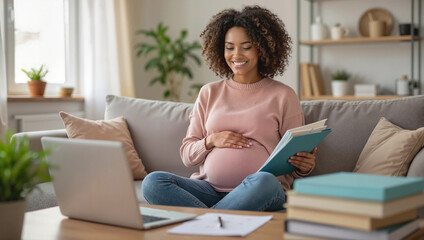 Pregnant woman relaxing with laptop at home
