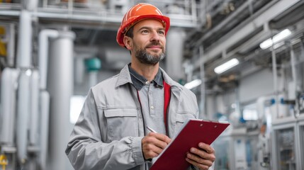 Portrait of engineer holding clipboard and wearing helmet inside high tech production facility with negative space