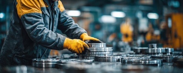 Close up of worker in safety gear inspecting machine parts in industrial workshop with copy space