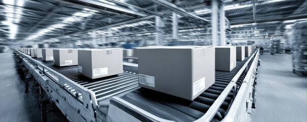 Industrial conveyor belt with packaged goods moving in line under fluorescent lights and copy space