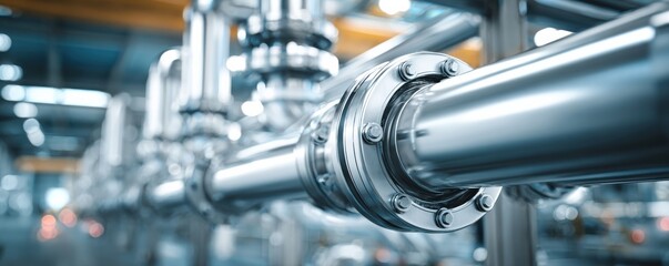 Close up view of industrial pipeline system with shiny metal tubes and valves in modern factory setting