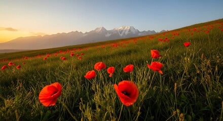 Vibrant red poppies bloom in a mountain landscape at sunset with a colorful sky.