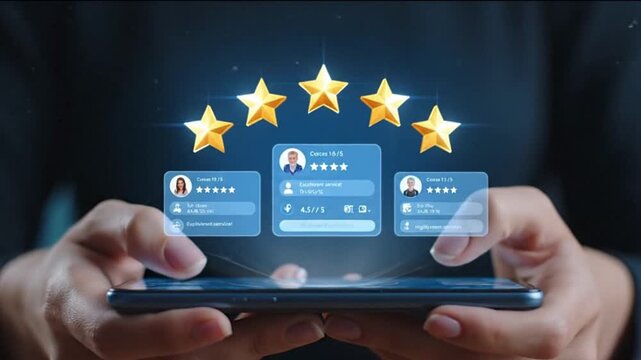 Online customer satisfaction Survey service concept, client rate service from experience in application,Consumer give five-Stars and feedback review for quality, Business reputation ranking from buyer