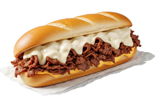 Ultra-detailed philly cheesesteak with crisp golden hoagie, overflowing caramelized steak, and cascading gooey cheez whiz on wax paper, isolated on gray background, concept of american comfort food