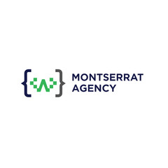 The official logo for Montserrat Agency, featuring a green pixelated letter 'W' icon enclosed within dark blue coding braces.