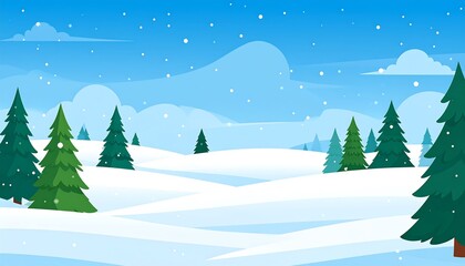 Obraz premium A flat, stylized winter landscape showcases a snow-covered terrain with evergreen trees under a light-blue sky.