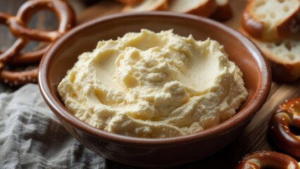 Savory Close-Up: Fluffy Whipped Cheese Spread in a Terracotta Bowl with Golden-Brown Pretzels