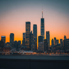 Obraz premium Coucher de soleil flamboyant sur une métropole moderne aux gratte-ciel élancés illuminant l’horizon urbain