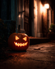 Glowing Jack o lantern pumpkin with carved face lit candle inside spooky Halloween decoration on doorstep at night, generative aI