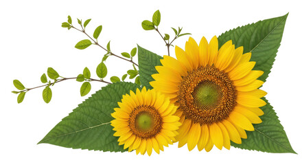 Isolated Sunflowers and Green Leaves Arrangement