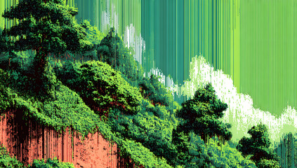 A dither pattern bitmap texture tilted border modernabstract background glitchscreen with flicker pixelseffect a panoramic illustrtion 8 bit pixel art retrovideo arcade game green bakground
