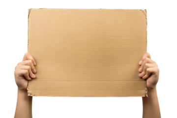 Hands holding blank cardboard sign isolated on white... isolated on a transparent background 1