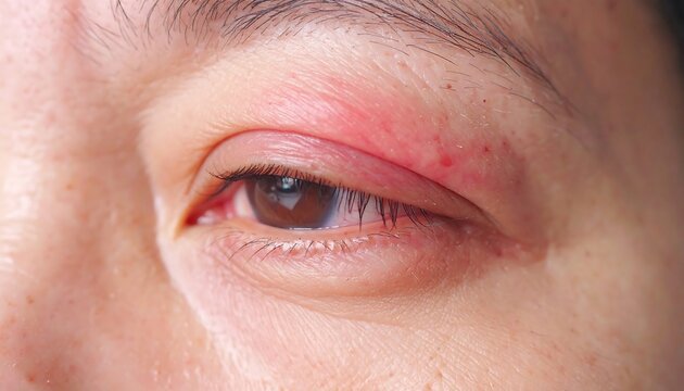 Close-up of a person's eye with eyelid inflammation and redness