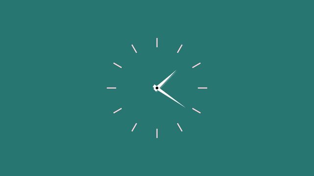 Abstract new analog clock icon, twelve hours clock run, moving time arrows animation on cyan background. 12 hours fast speed with moving timer clock rotation by white color.