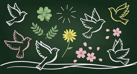 Chalkboard birds and flowers including clover blossom elements form unique decorative pattern is visible