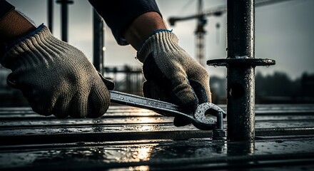 Worker’s hands tightening bolts on scaffolding, dramatic low-key lighting with metallic highlights and strong shadows, industrial photography for construction and safety branding