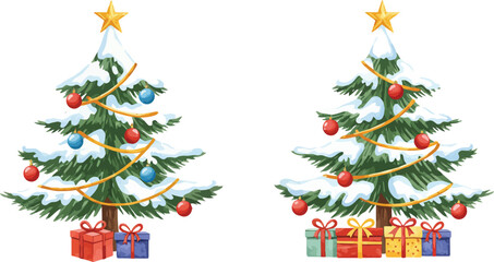 Two Snowy Christmas Trees With Presents And Ornaments On White Background on transparent background