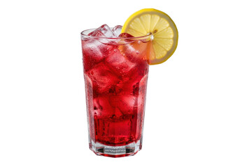 Highball glass with vibrant ruby red Tinto de Verano, packed with glistening ice cubes, fresh yellow lemon slice, visible condensation, isolated on clean transparent background. Refreshing summer