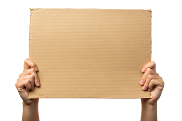 Hands holding blank cardboard sign on white background isolated on a transparent background