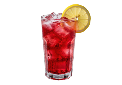 Highball glass with vibrant ruby red Tinto de Verano, packed with glistening ice cubes, fresh yellow lemon slice, visible condensation, isolated on clean transparent background. Refreshing summer - Powered by Adobe