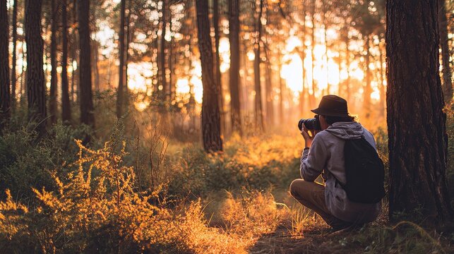 Photographer Capturing Nature in Sunlit Forest