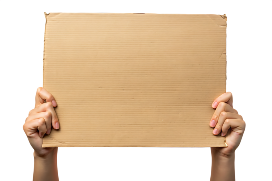 Hands holding blank cardboard sign on white background isolated on a transparent background