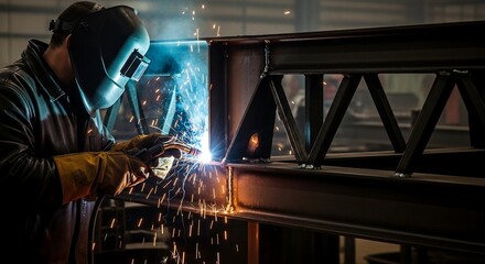 Sparks flying as welder works on steel structure, dramatic low-key cinematic lighting with glowing metal and protective gear, industrial photography for engineering and construction branding
