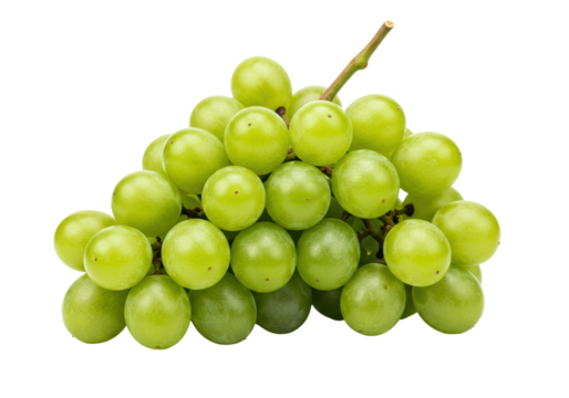 Isolated green grapes, a healthy snack ready to eat from a bunch with a short stem
